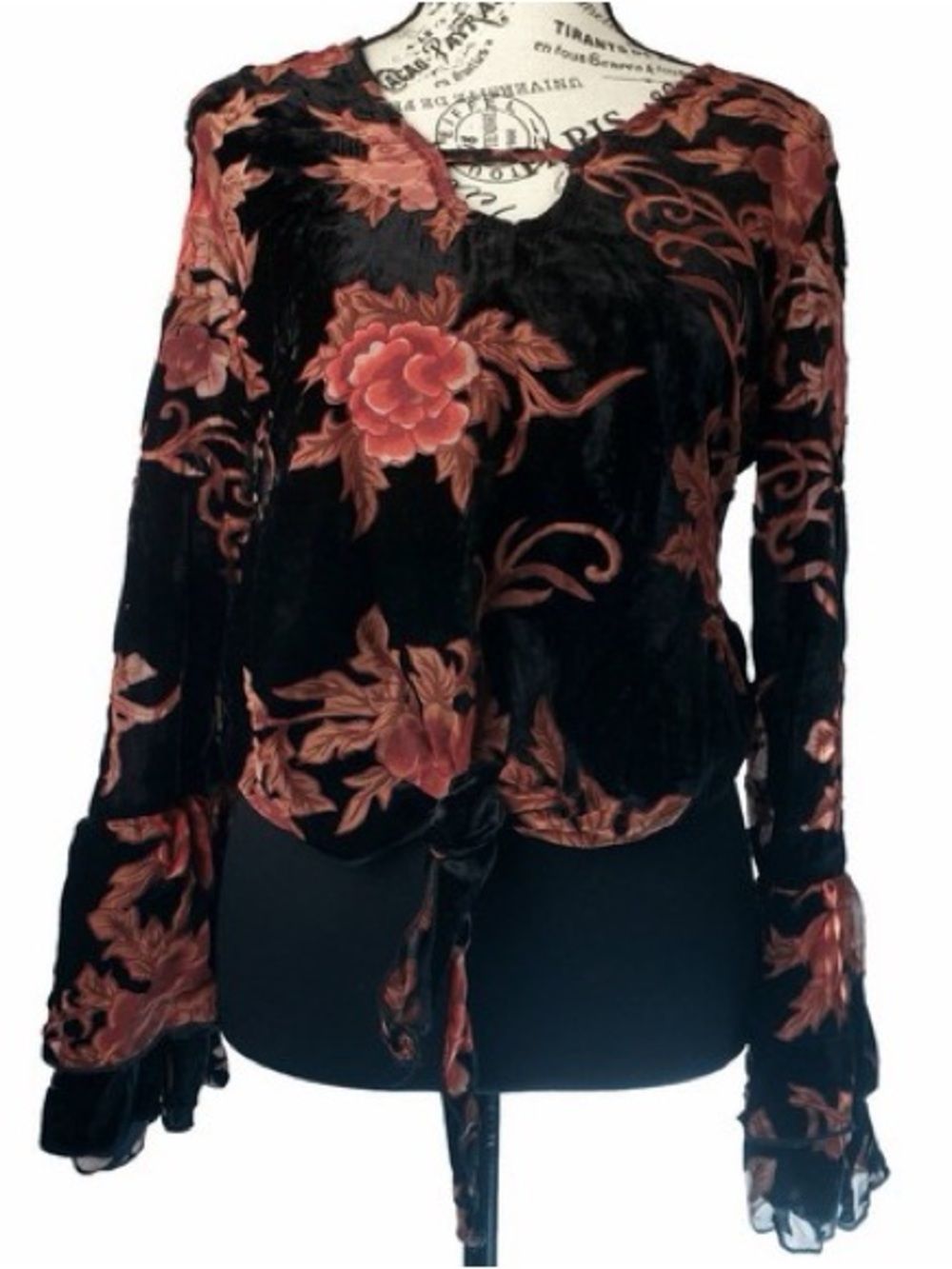 Vintage Havana Black Velvet Floral Blouse with Rose Print size Small